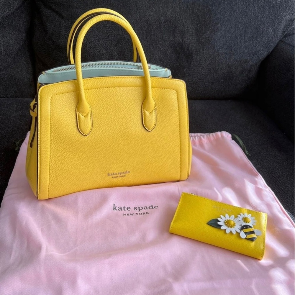 Yellow Sesame Kate Spade Medium Knott Satchel and Small slim bifold wallet